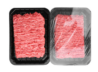 Fresh raw minced meat on white background, top view