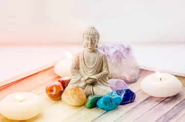 Muurstickers All seven chakra colors crystals stones around sitting Buddha figurine on natural wooden tray. Balance and calm energy flow in home concept. © FotoHelin