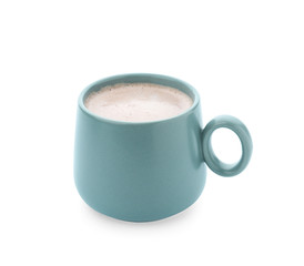 Delicious cocoa drink in blue cup on white background