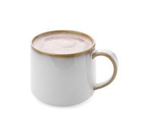 Delicious cocoa drink in cup on white background