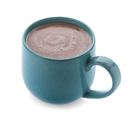 Delicious cocoa drink in blue cup on white background