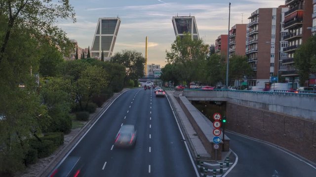 Timelapse traffic during rush hour in Paseo de la castellana, north entrance of Madrid, Spain