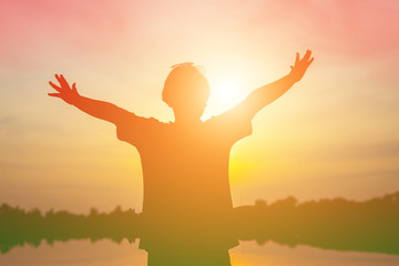 kid silhouette,Moments of the child's joy. On the Nature sunset