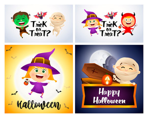 Trick or treat white, yellow banner set with witch, mummy