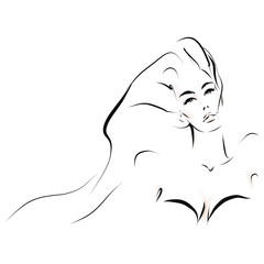 Hand-drawn portrait of young woman with long hair. Face of beautiful girl. Fashion illustration in sketch style. Vector