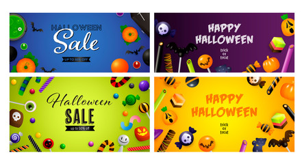 Halloween sale yellow, blue banner set with sweets, balloons