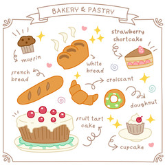 Set of Cute Bakery and Pastry Doodle. Hand Drawn. Vector Illustration.