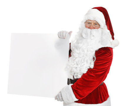 Happy authentic Santa Claus with blank banner on white background. Space for design