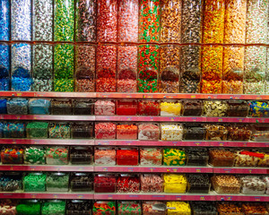colorful candy store shelves with variety of flavors