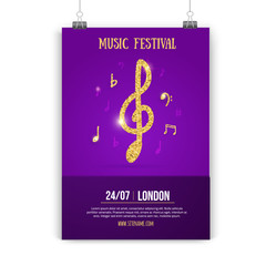 Music poster design with golden notes and waves on dark gradient. Abstract jazz flyer