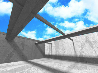 Concrete room wall construction on cloudy sky background