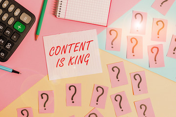Word writing text Content Is King. Business photo showcasing believe that content is central to the success of a website Mathematics stuff and writing equipment above pastel colours background