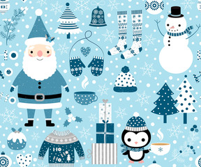 Seamless vector Christmas pattern in light blue and white colors with Santa Claus, snowman, penguin and winter clothes and elements