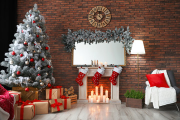 Stylish room interior with beautiful Christmas tree