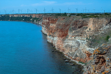 Seascape from Cape Kaliakra against the backdrop of wind generators. North Black Sea coast,  Bulgaria.. 