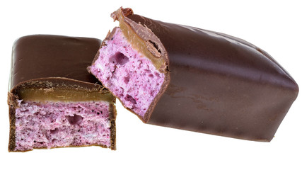 Chocolate bar with fruit berry cream filling isolated