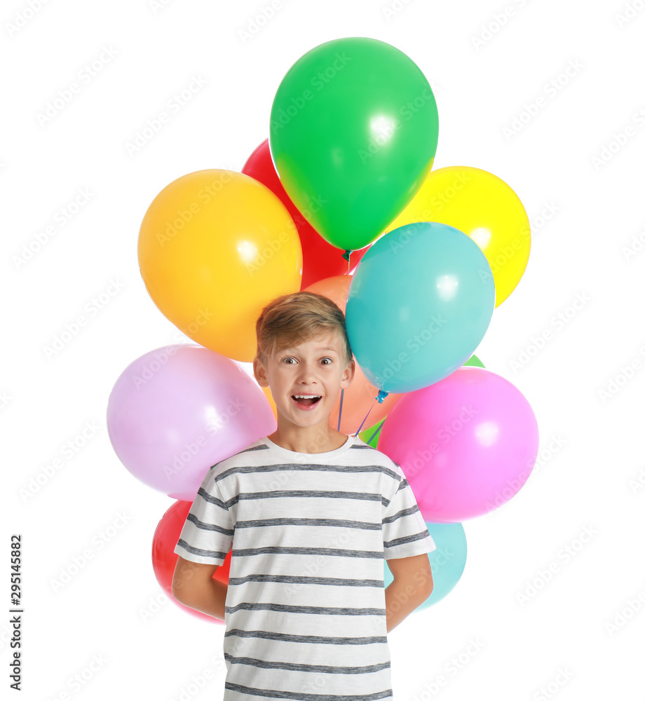 Poster Emotional little boy holding bunch of colorful balloons on white background