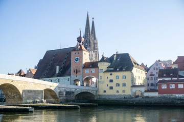 Fototapeta na wymiar Stone bridge with bridge gate in Regensburg Bavaria Germany