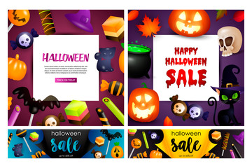 Halloween sale purple, violet banner set with candies