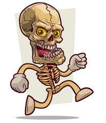 Cartoon detailed realistic colorful funny human skeleton in white gloves with skull. Isolated on white background. Vector icon.