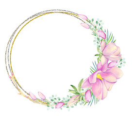 TFrame gold and silver in the form of a circle decorated with watercolor Magnolia flowers.