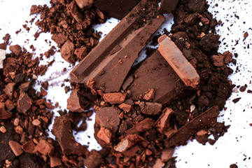 Macro texture Broken eye shadow brown powder, isolated on white background