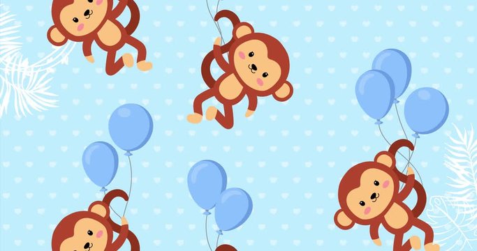 Cute baby monkey flying in the sky between colorful balloons, animation made in 4K cartoon vector design, with blue background. For Baby shower, celebration, invite, postcard...