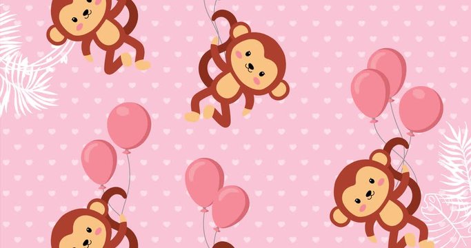 Cute baby monkey flying in the sky between colorful balloons, animation made in 4K cartoon vector design, with pink background. For Baby shower, celebration, invite, postcard...
