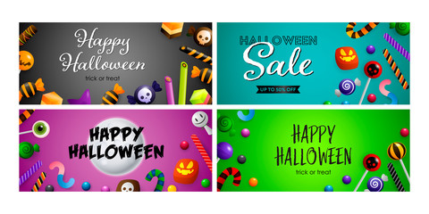 Happy Halloween blue, green banner set with candies