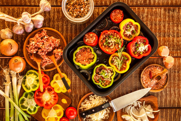 Colorful baked with cheese, stuffed peppers with minced meat. Top view. Minced meat and vegetables