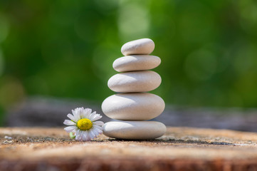 White stones cairn, poise light pebbles on wooden stump in front of green natural background, zen like, harmony and balance