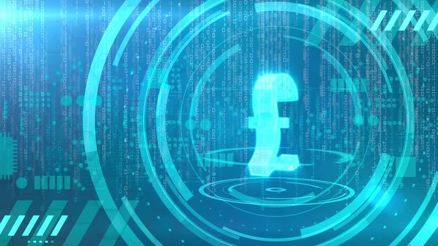 British pound symbol rotating on a cyan background with animated HUD elements related to computer technology. Loopable animation.