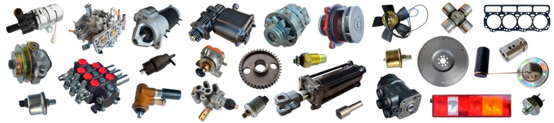 Auto spare parts car on the white background. Set with many isolated items for shop or aftermarket