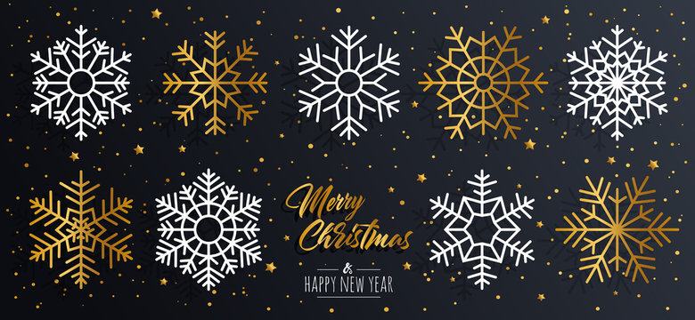 Merry Christmas greeting card set with golden text elements and modern hand drawn snowflakes. Vector illustration.
