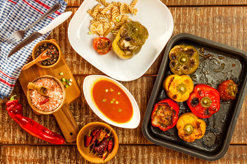 Colorful baked with cheese, stuffed peppers with minced meat. Top view. Minced meat and vegetables