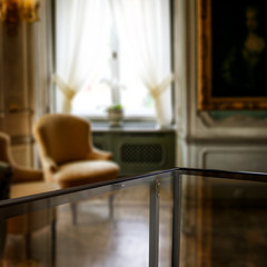 Table background of free space and blurred background of window 