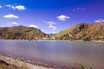 View of the village Bacharach and Castle Stahleck on the banks of the Rhine. Rhine Valley, Rhineland-Palatinate, Germany, Europe