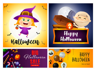 Halloween sale orange, violet banner set with mummy, witch