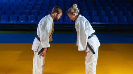 Martial arts. Sparing Portners. Sport man and woman greet each other before a fight in the sports hall © splitov27