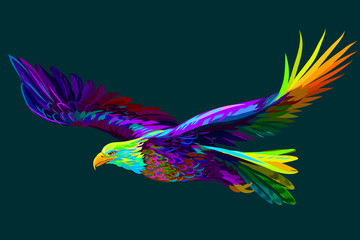 Soaring bald eagle.  Abstract, multi-colored portrait of a soaring bald eagle on a dark green background.