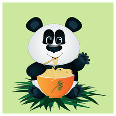 A cartoon panda sits on bamboo leaves and eats noodles from an orange bowl. A cute white bear with a black bear holds in its hands bamboo sticks with which it takes noodles. Characteristic kawaii.