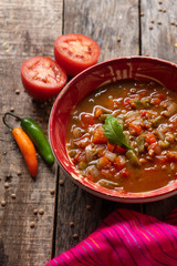 Mexican style lentil soup with tomato and nopal cactus