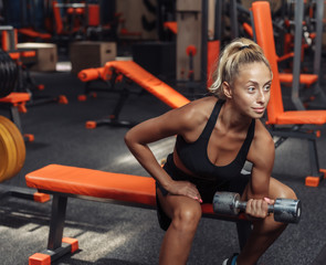 Fototapeta na wymiar Young fitness woman doing concentrated doing dumbbell lifts for biceps one hand while sitting on a bench in the gym. Training concept with free weights.