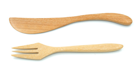 prepare fork and knife wooden textured isolated on white background