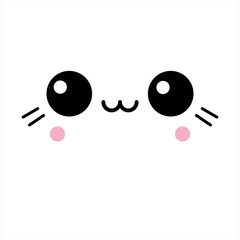 Vector illustration of a cute kawaii anime happy cat face with pink cheeks and whiskers.