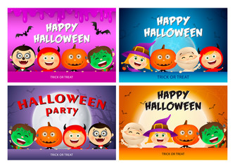 Fototapeta premium Happy Halloween pink, blue banner set with monsters