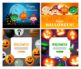 Halloween orange, blue banner set with balloons, monsters