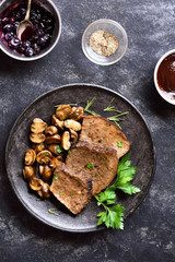 Slow cooked beef with mushrooms and blueberry sauce