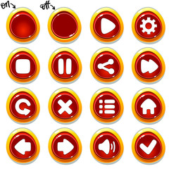 Set of red buttons in off and on positions with different signs. Big collection of push buttons for web or application design, game development. 