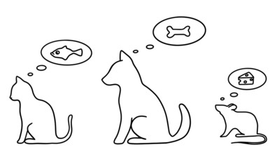 Set of 3 animals and their favorite foods.  Simple easy drawn elements for web or prints on zoological topic, pets. Vector hand drawn doodles.